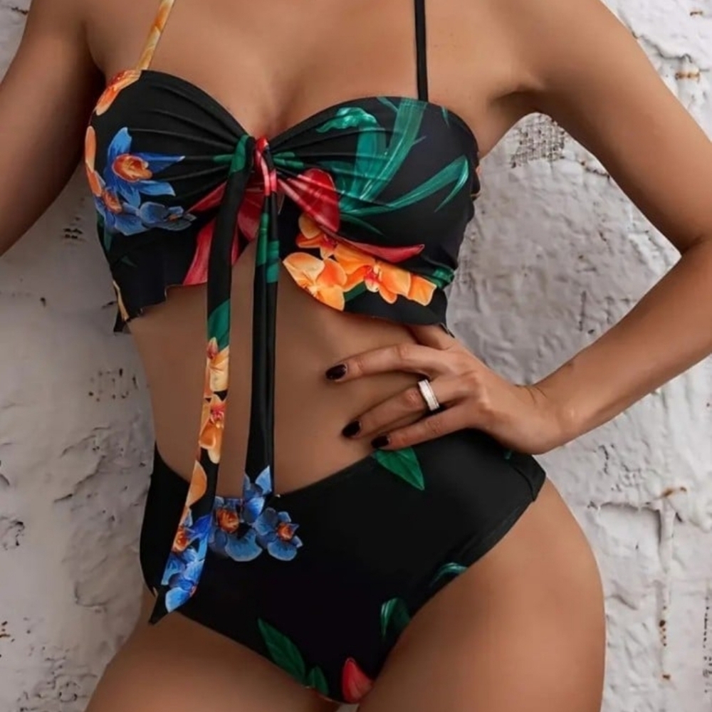 2(two) Piece High-waisted Bikini Set, Floral Print, Sexy Swimwear with Long Shee